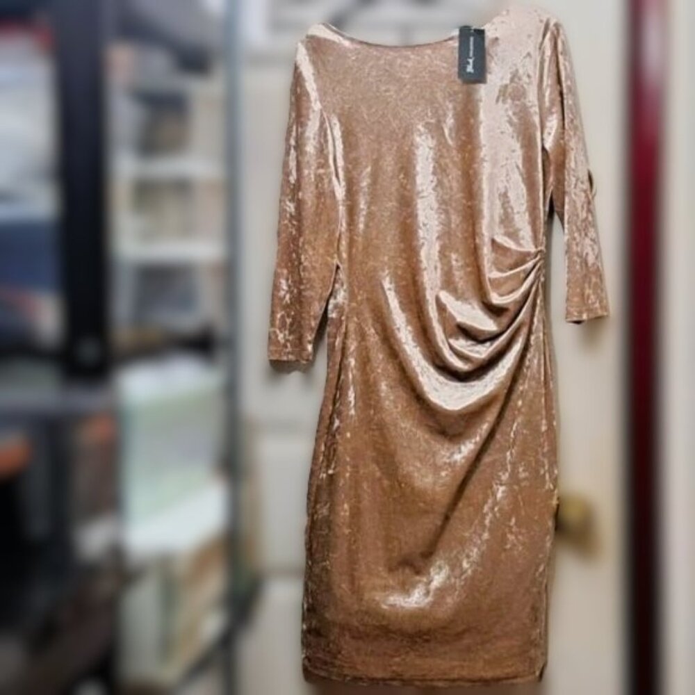 New Elegant Salmon Pink Crushed Velvet Midi Bodycon Dress Ruched Side NWT